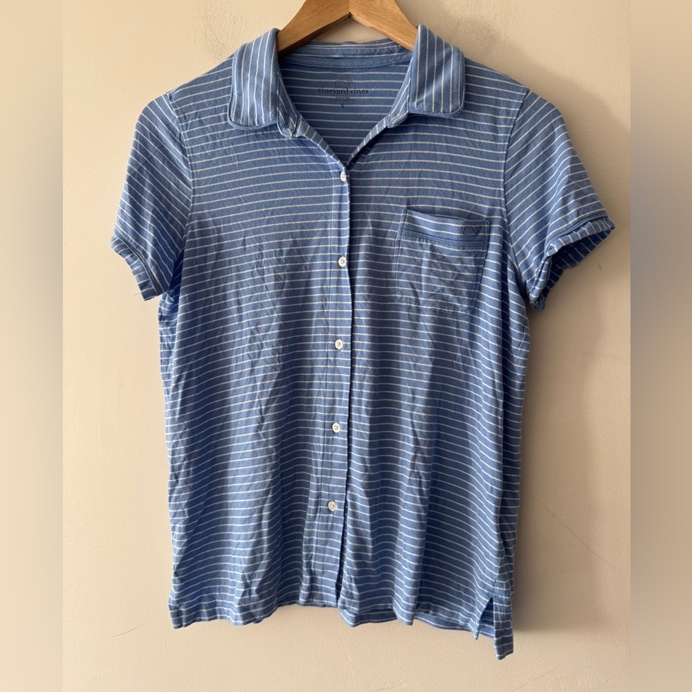 Vineyard Vines Blue and White Stripe Cozy Soft Lounge Polo‎ Top